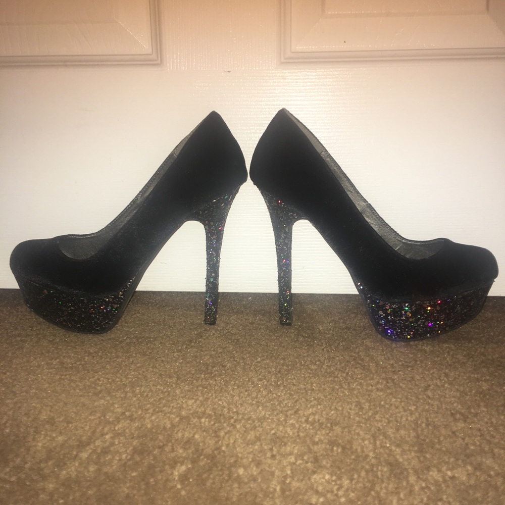 Black velvet w multi color glitter.  Platforms